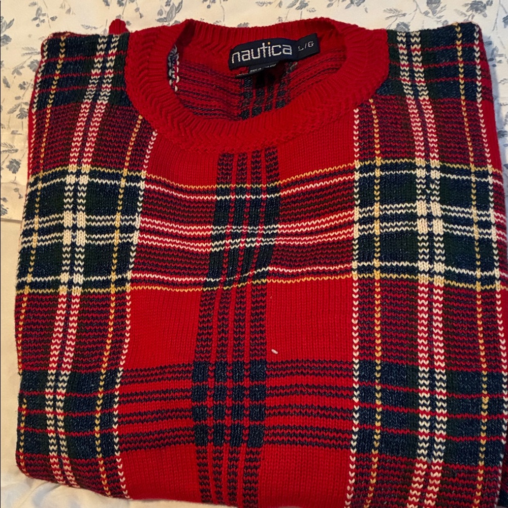 Nautica Men's Red and Green Plaid Crewneck Sweater